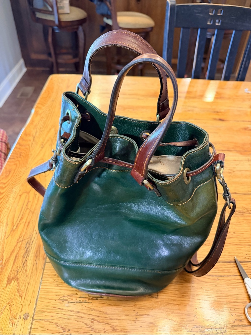 Time Resistance Green Italian Leather Drawstring Bucket Bag with Brown Trim - Picture 5 of 15